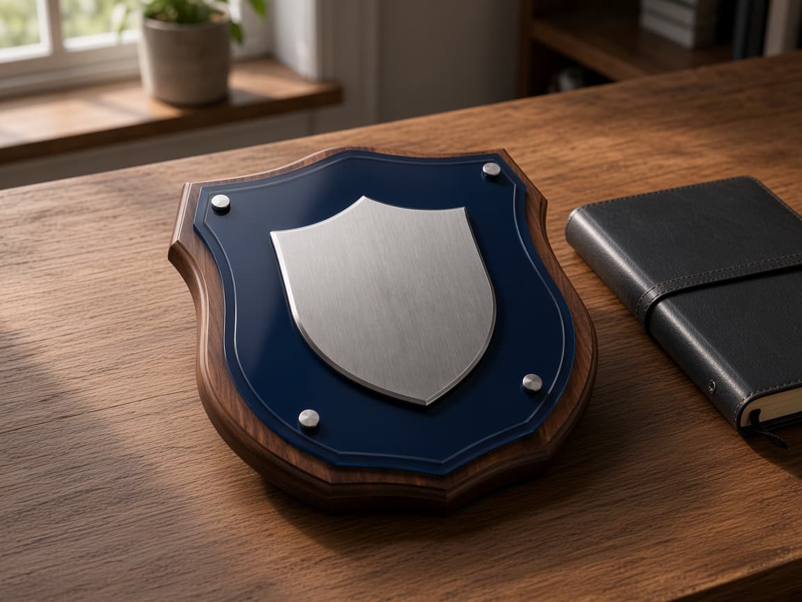 Police Service Plaque design concept beside everyday objects for scale
