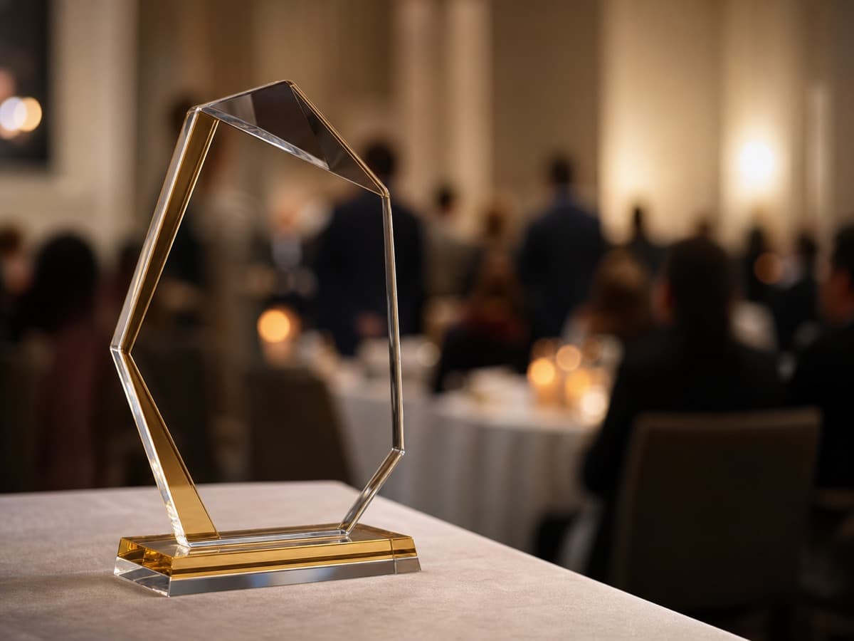 Illustrative acrylic award displayed before a corporate recognition presentation