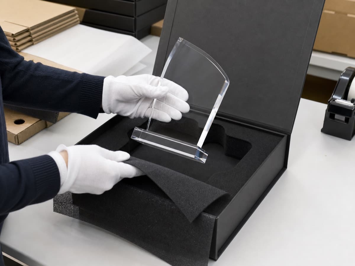 Illustrative protective packing concept for a clear acrylic award