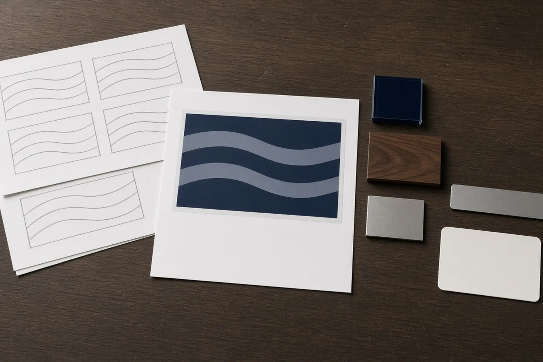 Design planning concept for a Police Service Plaque: sketches, material swatches and a blank sample shape
