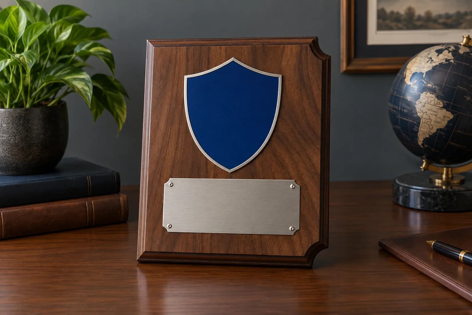 Plain shield-themed tribute plaque with a blank inscription plate