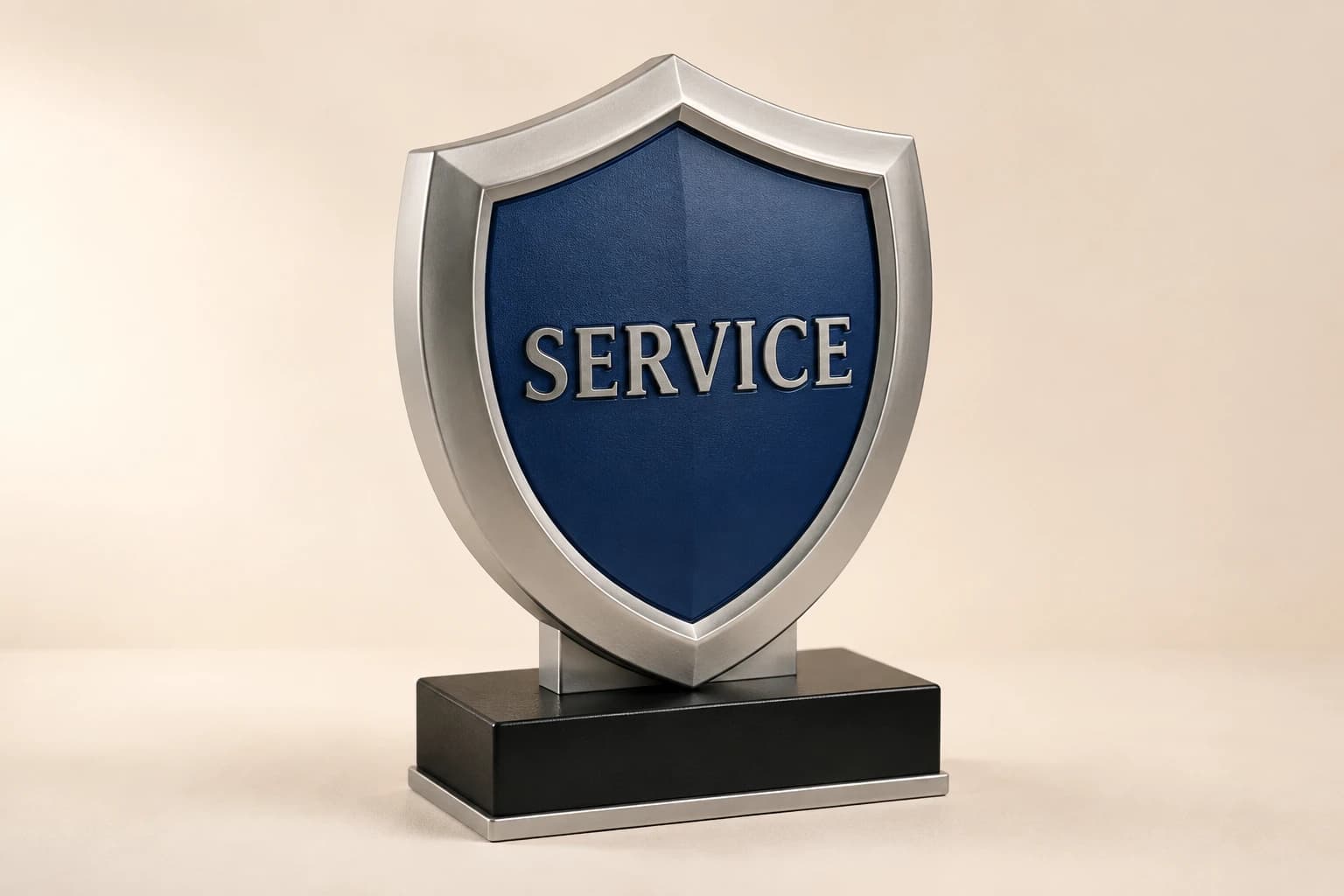 Dimensional silver shield trophy with a blue inset and black base.