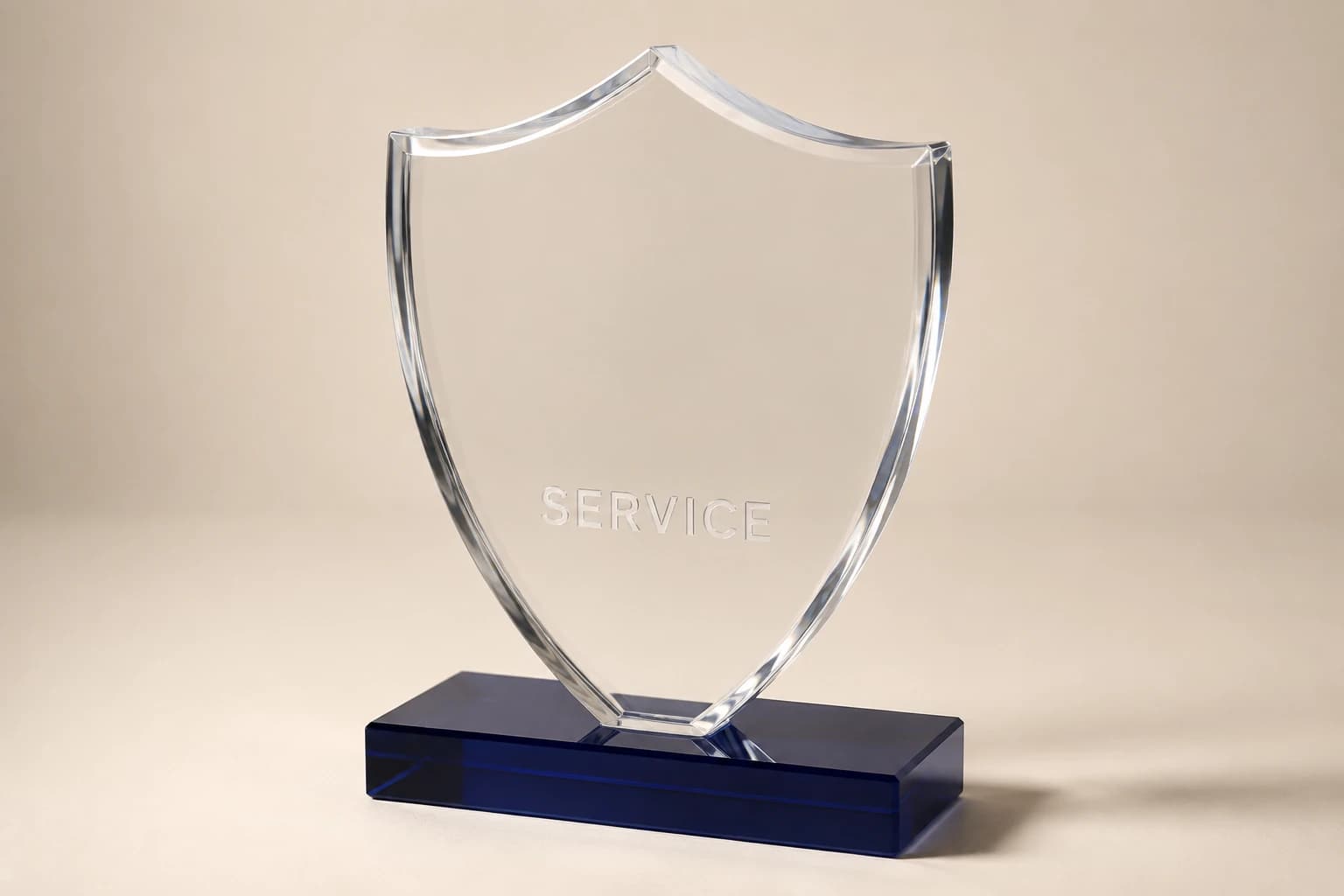 Clear acrylic shield award on a dark navy base.