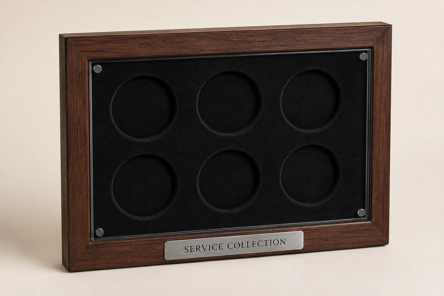 Walnut coin-display plaque with six empty felt-lined recesses.