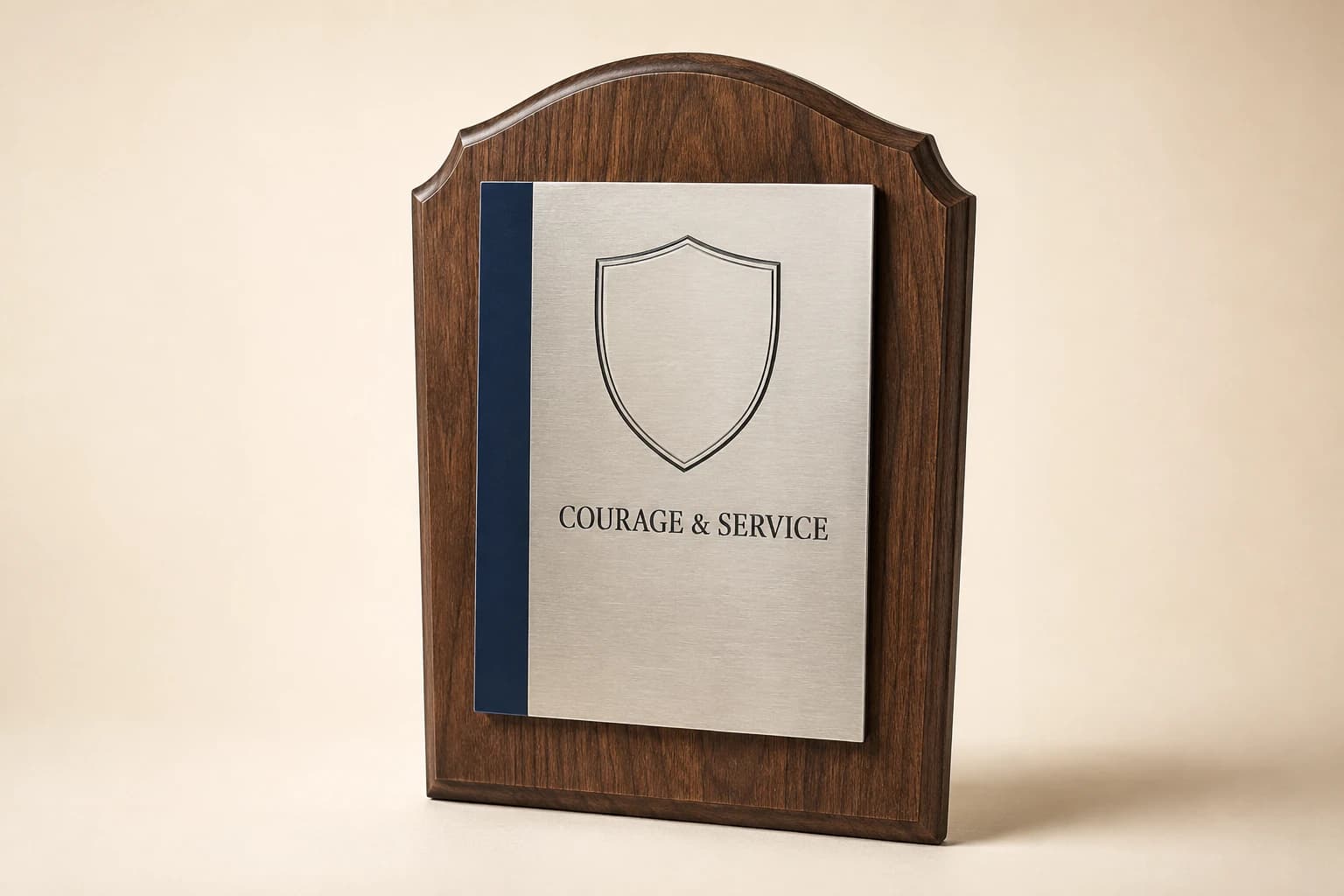 Walnut police service plaque with brushed metal and a navy accent.